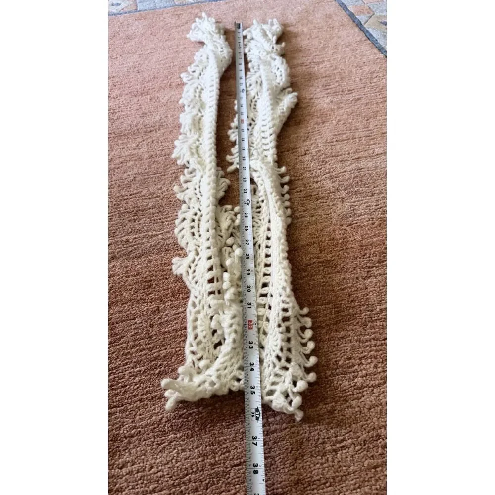 Cream Crochet Knit Scarf Boho Textured Fringe Wrap 70x6